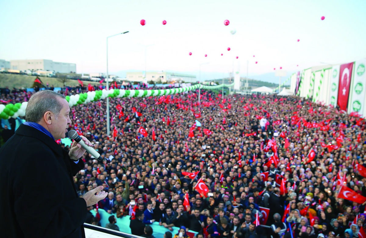 President Recep Tayyip Erdogan speaks to citizens in Tire district of Izmir, Turkey, yesterday.