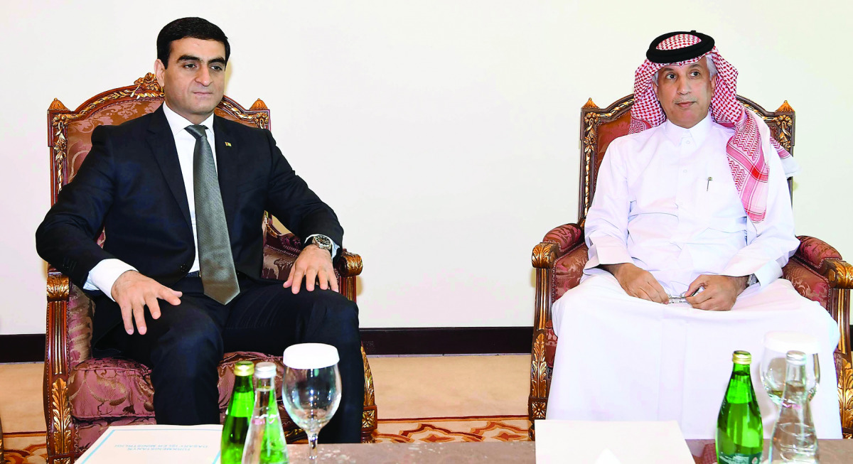 Minister of State for Foreign Affairs H E Sultan bin Saad Al Muraikhi with First Deputy Foreign Minister of Turkmenistan, Wafa Khadzhiev, in Doha yesterday. They discussed bilateral relations and means of enhancing them in all fields. 