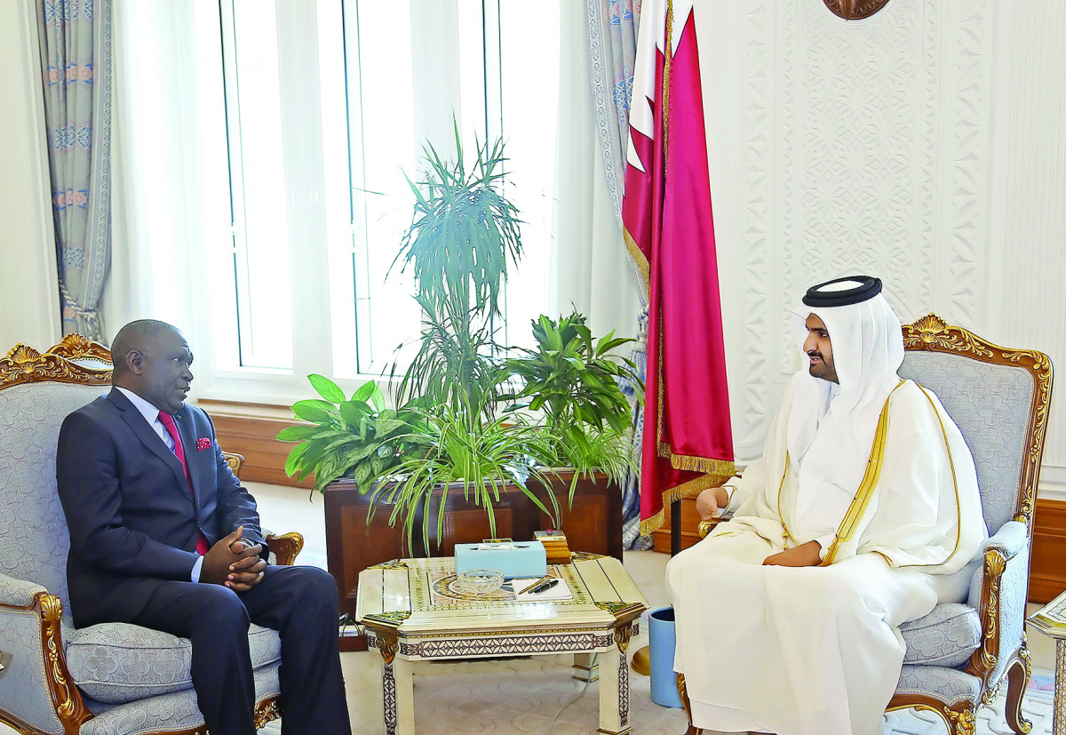 Deputy Emir H H Sheikh Abdullah bin Hamad Al Thani with the Ambassador of the Republic of Zambia, Ibrahim Mumba, after receiving his credentials. The Deputy Emir also received the credentials of Bubani Lapisa as Ambassador of the Kingdom of Lesotho, and A