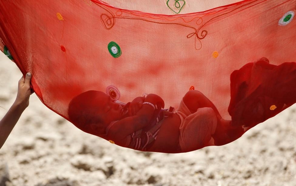 A child sleeps in a hammock on the outskirts of Ahmedabad, India May 31, 2016. REUTERS/Amit Dave