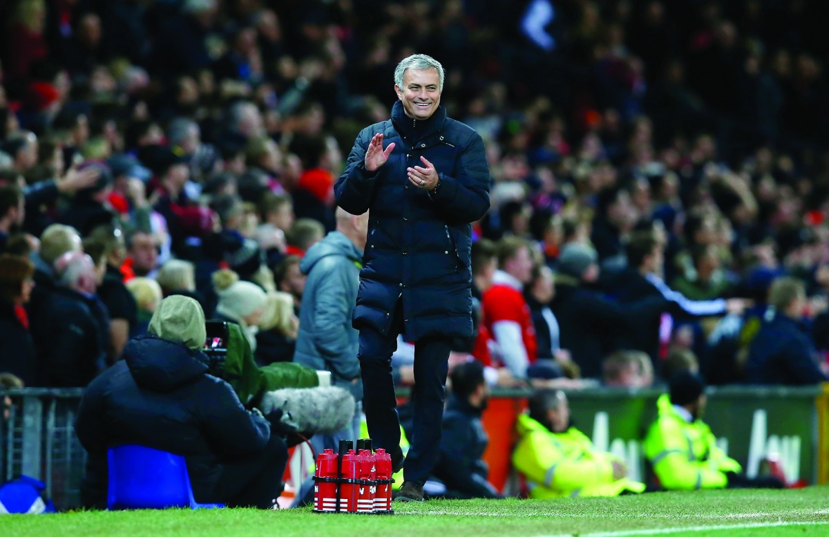 Manchester United manager Jose Mourinho celebrates victory at the Old Trafford following their dramatic 2-1 victory over Middlesbrough on Saturday.