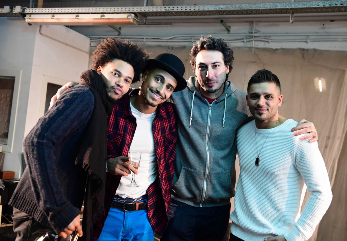 L to R) Actors Nyamandi Mushayavanhu, Bastian Essinger, Daniel Mandolini and Tamer Arslan pose after the premiere of the theater play 