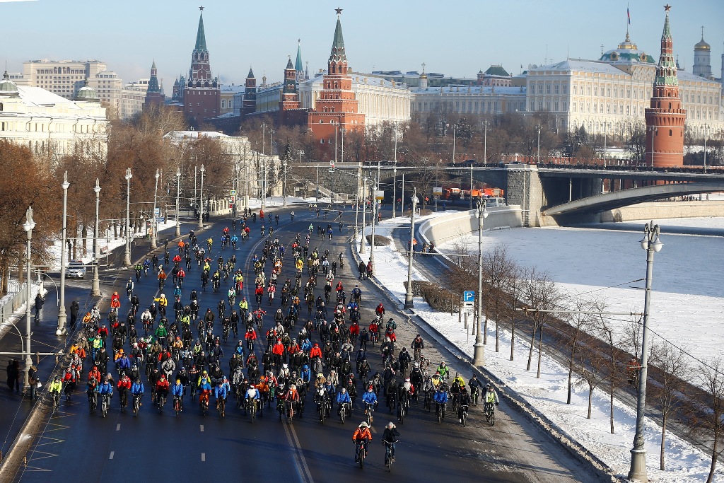 MOSCOW, RUSSIA - JANUARY 8: People ride their bicycles during the 