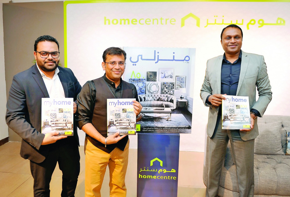 Avirup Chandra, Concept Manager Home Center (left) and Rajgopal R,  Marketing Manager LandMark Group with other official on the launch of Home Center Latest Catalogue-2017 at Al Asmak Mall Home Center yesterday. 
Pic: Abdul Basit / The Peninsula 