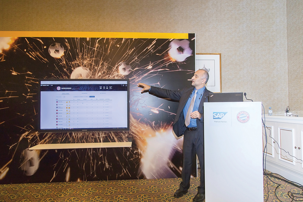 Fadi Naoum from SAP, makes a presentation during a press conference in Doha on Tuesday. Qatar is set to have the world’s most technologically advanced fan experience, FC Bayern Munich, Aspire Academy, and SAP announced on Tuesday.