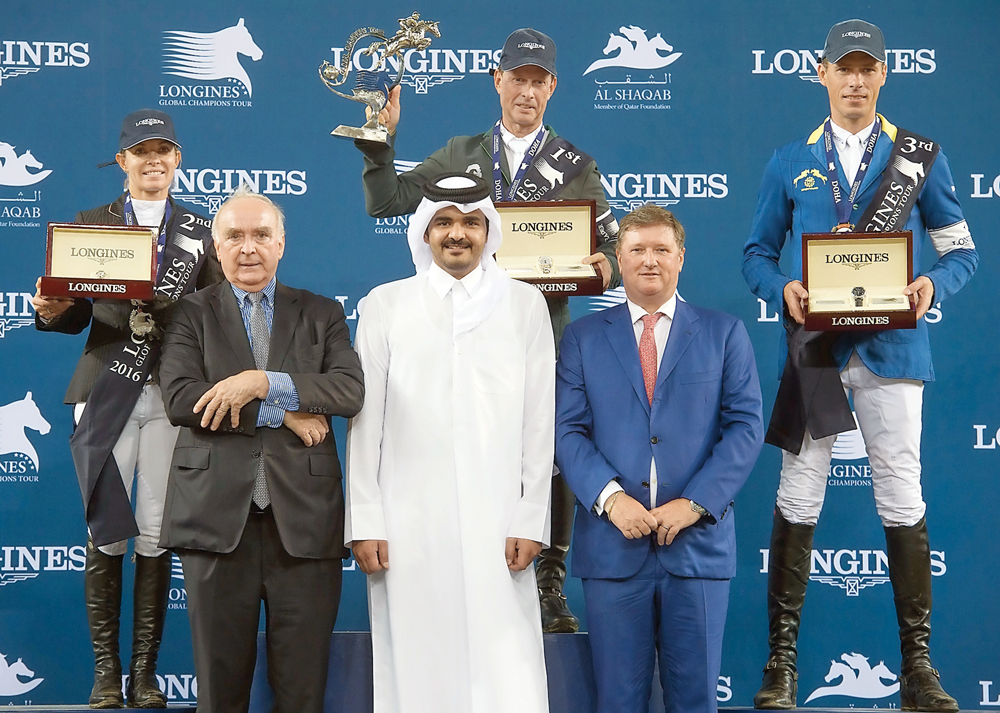 Qatar Olympic Committee President Sheikh Joaan bin Hamad Al Thani with the overall winners of the Global Champions Tour champion Rolf-Goran Bengtsson of Sweden (top centre), second-placed Edwina Tops-Alexander of Australia (top left), and Christian Ahlman