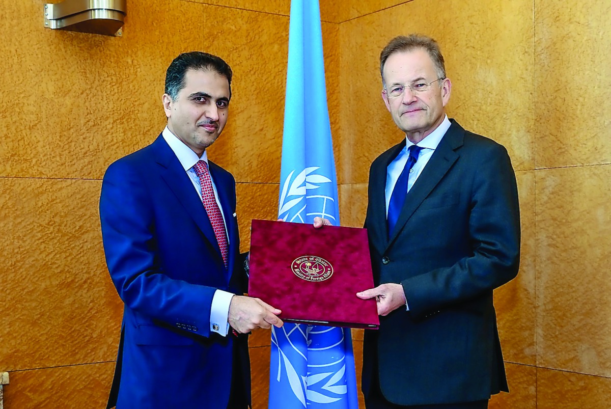 Director-General of the United Nations Office at Geneva Michael Moller receiving the credentials of Ambassador Ali Khalfan Al Mansouri as Qatar's Permanent Representative to the United Nations Office in Geneva and other International Organizations in Swit