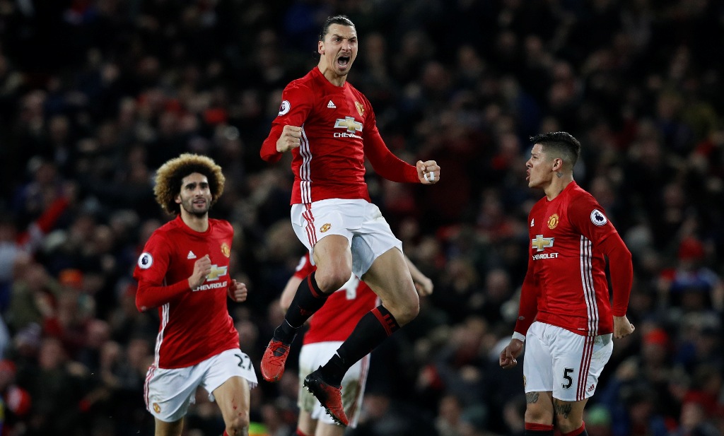 Britain Soccer Football - Manchester United v Liverpool - Premier League - Old Trafford - 15/1/17 Manchester United's Zlatan Ibrahimovic celebrates scoring their first goal Reuters / Phil Noble Livepic EDITORIAL USE ONLY. No use with unauthorized audio, v