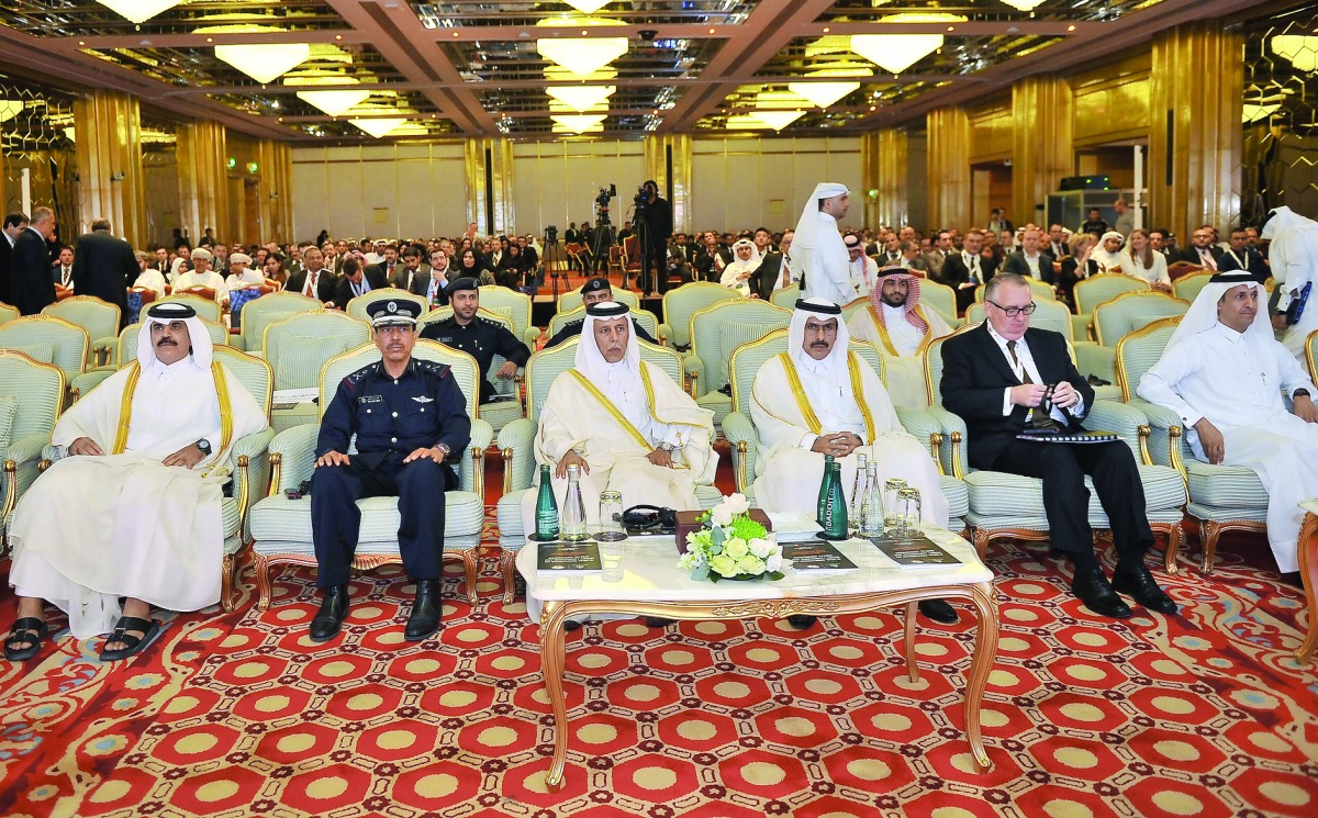 H E Ahmed bin Abdullah bin Zaid Al Mahmoud (third from left), Deputy Prime Minister and Minister of State for Cabinet Affairs; H E Sheikh Abdullah bin Saud Al Thani, Governor of Qatar Central Bank, and other officials during the Global Conference on Money