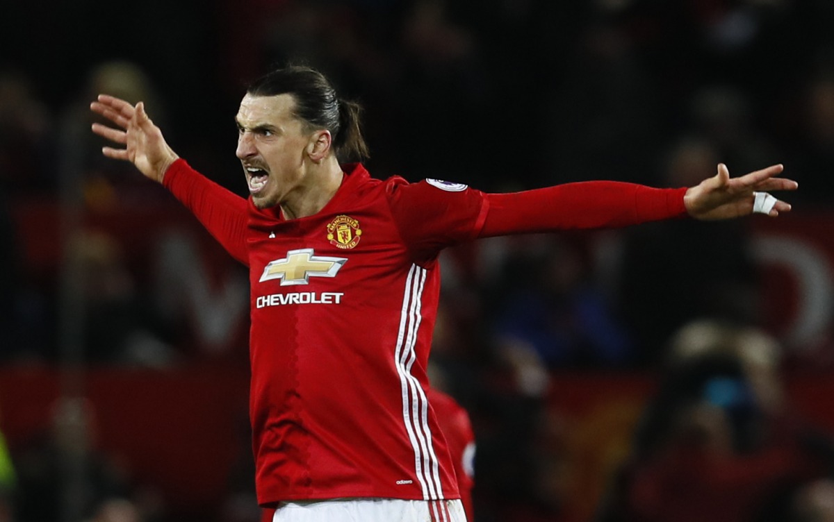 Manchester United's Zlatan Ibrahimovic celebrates scoring their first goal. (Reuters / Jason Cairnduff)