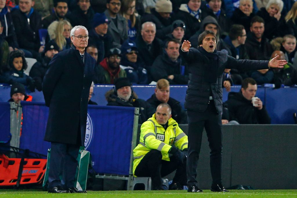 Leicester City's Italian manager Claudio Ranieri (L) and Chelsea's Italian head coach Antonio Conte (R) watch from the touchline during the English Premier League football match between Leicester City and Chelsea at King Power Stadium in Leicester, centra
