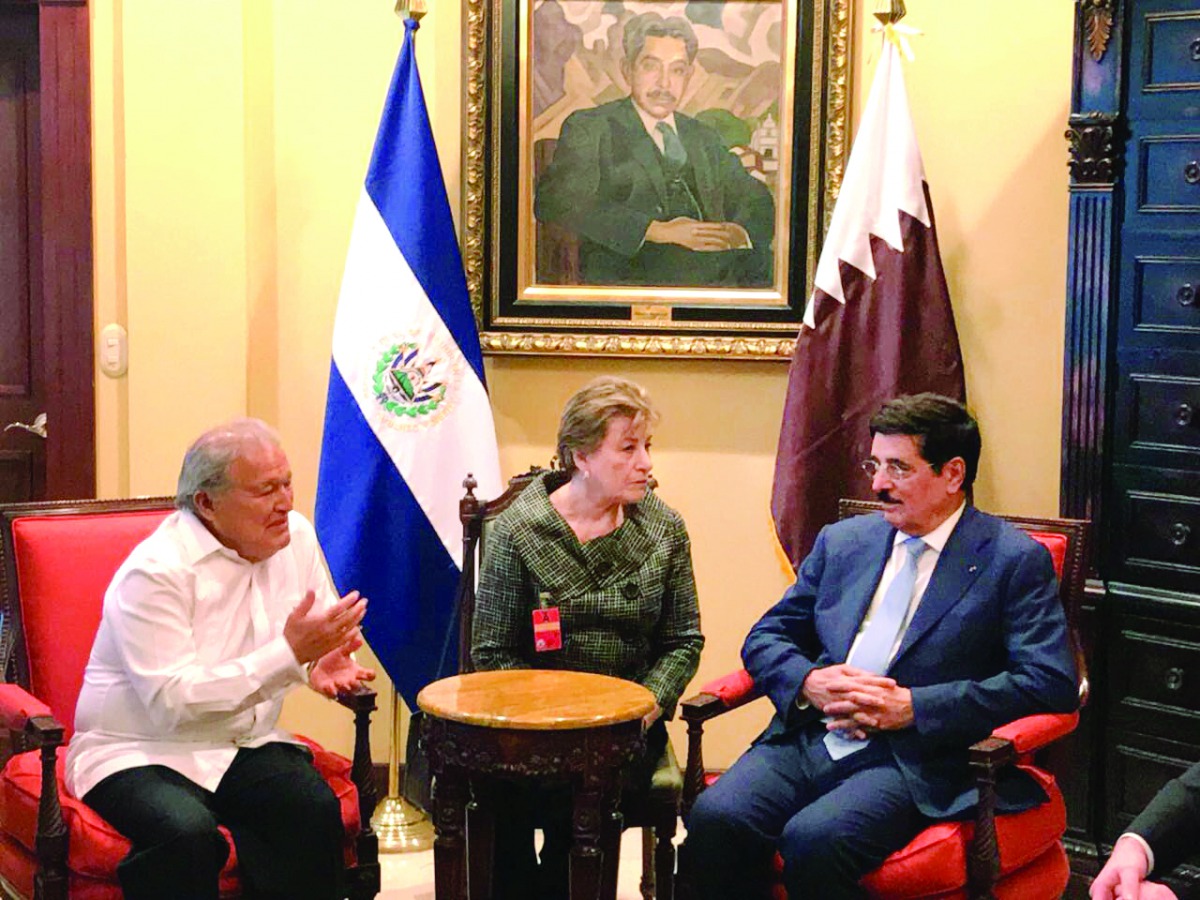 H E Dr Hamad bin Abdulaziz Al Kawari with President of El Salvador, Sanchez Ceren, at the Presidential Palace in San Salvador.