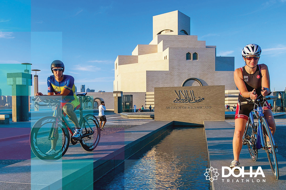 Athletes posing near the iconic Museum of Islamic Art (MIA) in this file picture. The inaugural Doha Triathlon will be held at the MIA on Friday.
