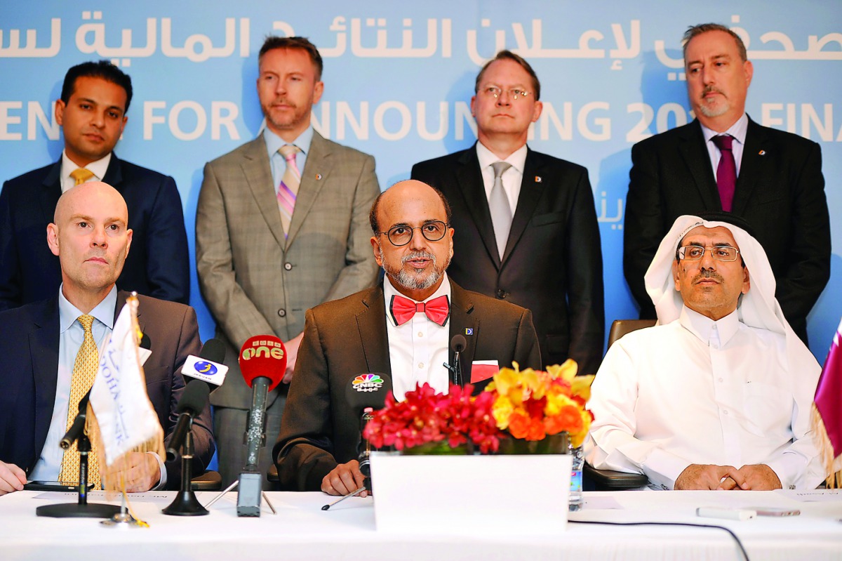 Dr R Seetharaman, Chief Executive Officer of Doha Bank with other bank officials during a press conference to announce financial results at bank's headquarters.  Pic: Abdul Basit / The Peninsula