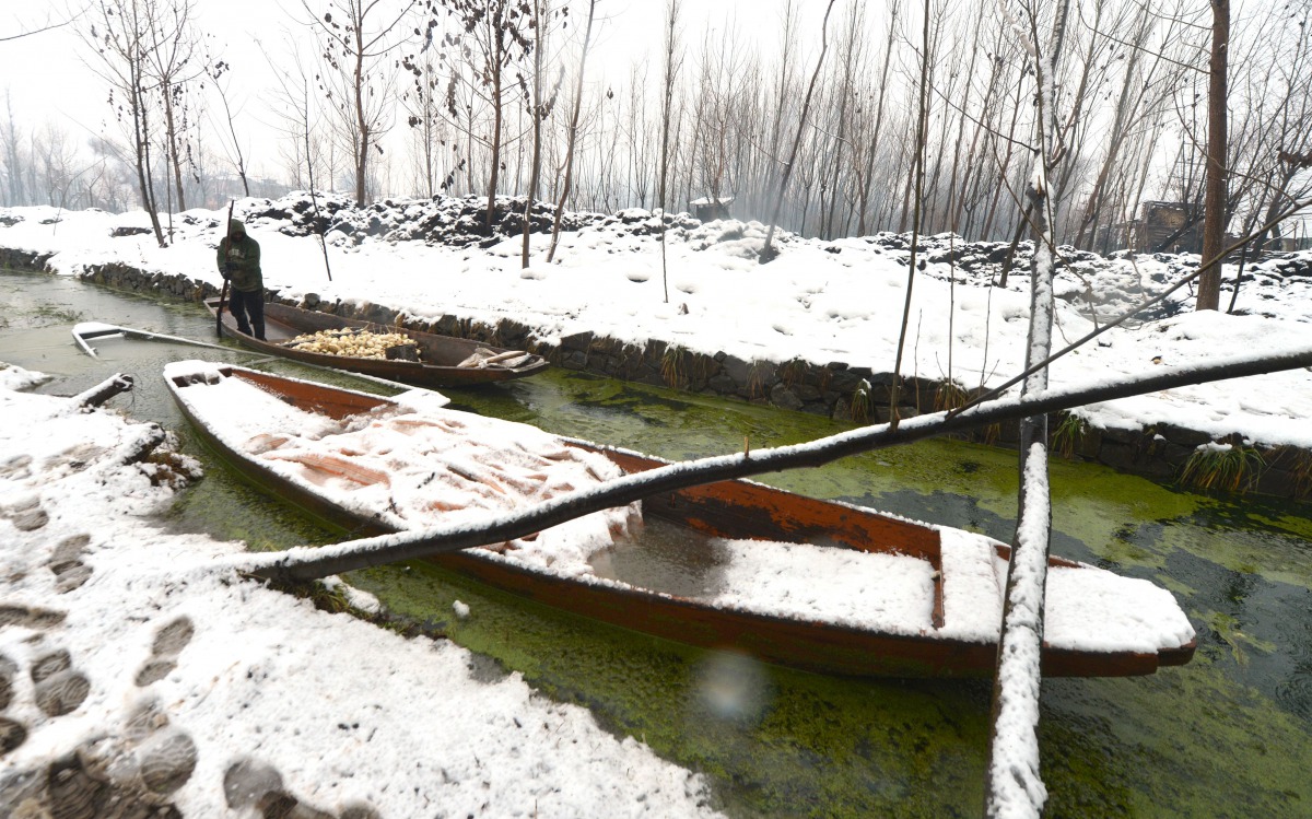 A Kashmiri farmer rows his boat on the Dal Lake during a heavy snowfall in Srinagar on January 25, 2017. Avalanches killed many people in Indian-administered Kashmir on January 25, 2017. AFP / Tauseef Mustafa