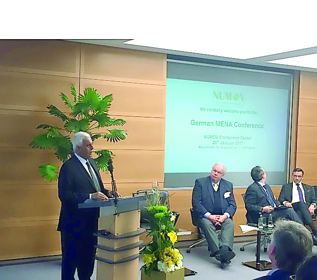H E Abdullah bin Hamad Al Attiyah speaking at the NUMOV meeting in Berlin recently.