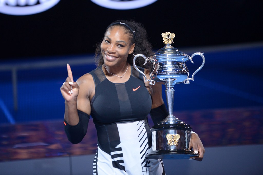 Serena Williams of United States poses with the championship trophy after winning the Australian Open women's singles final match against his sister Venus Williams at Rod Laver Arena in Melbourne, Australia on January 28, 2017. ( Recep ?akar - Anadolu Age