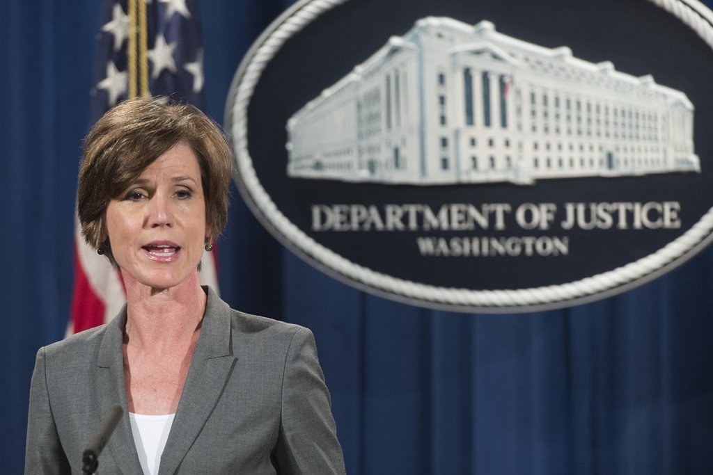 (FILES) This file photo taken on June 28, 2016 shows Deputy Attorney General Sally Yates speaks during a press conference at the Department of Justice in Washington. AFP / SAUL LOEB
