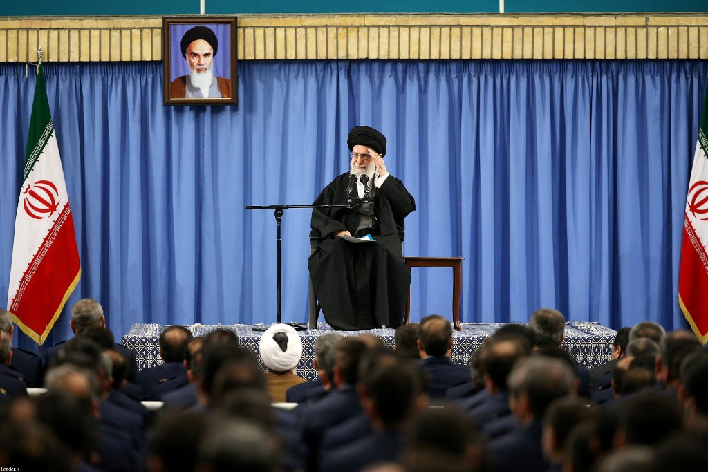 Iran's Supreme Leader Ayatollah Ali Khamenei waves as he delivers a speech in a meeting with military commanders in Tehran, Iran, February 7, 2017. Leader.ir
