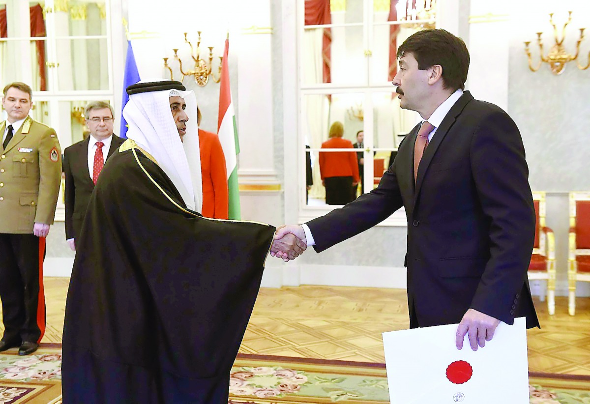 President of the Republic of Hungary, Janos Ader, receiving the credentials of Mohammed bin Hamad Al Khalifa as Qatar's ambassador extraordinary and plenipotentiary to Hungary. The ambassador conveyed Emir H H Sheikh Tamim bin Hamad Al Thani's greetings a