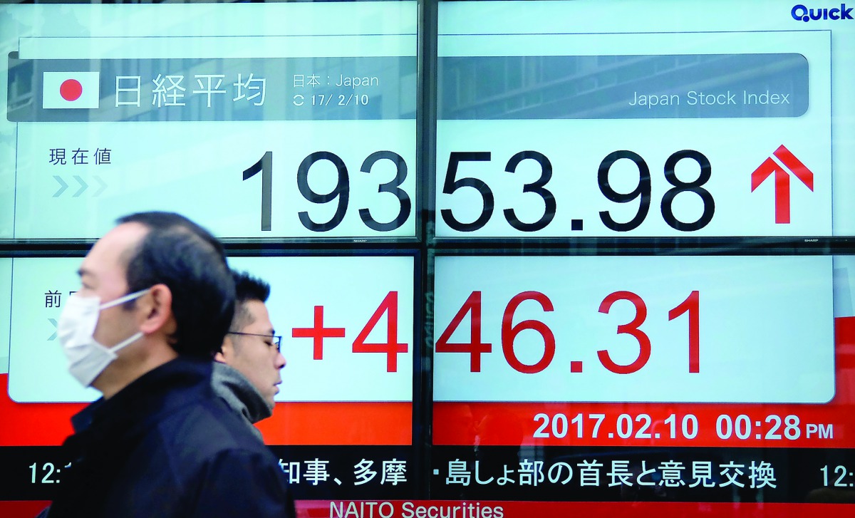 Pedestrians walk in front of an electric quotation board flashing the Nikkei key index of the Tokyo Stock Exchange in Tokyo.