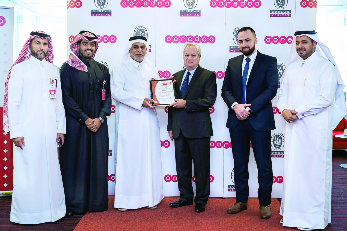 Left to right- Mohammed Jassim Al Kuwari, Ooredoo CCSO, Sheikh Nasser bin Hamad bin Nasser Al-Thani, Ooredoo CNBO, Yousef Abdulla Al Kubaisi, Ooredoo COO, Selim Kseib, Country Chief Executive - BUREAU VERITAS Qatar, Makram Abou- Fakherddine, Team Leader -