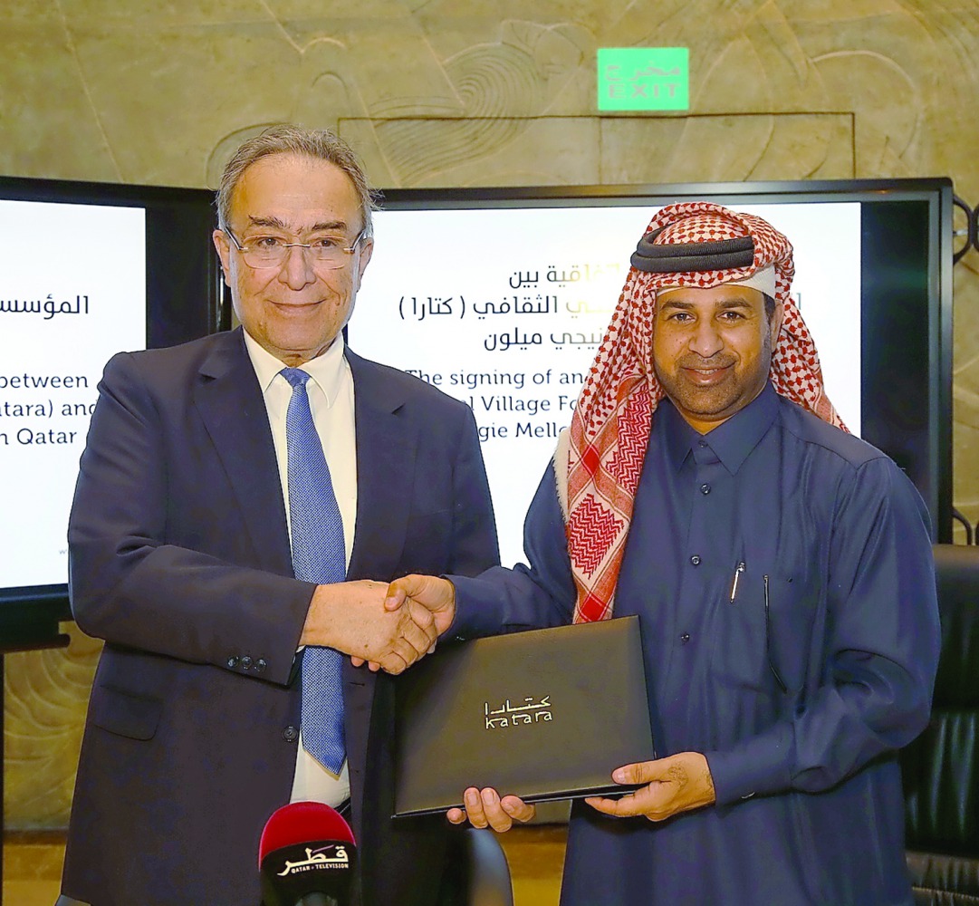 Katara General Manager Dr Khalid bin Ibrahim Al Sulaiti (right) and CMU-Q Dean and CEO Dr IIker Baybars at the MoU signing at Katara, yesterday