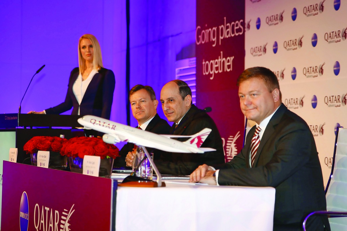 Qatar Airways Group Chief Executive Akbar Al Baker (centre) at the ITB press conference.