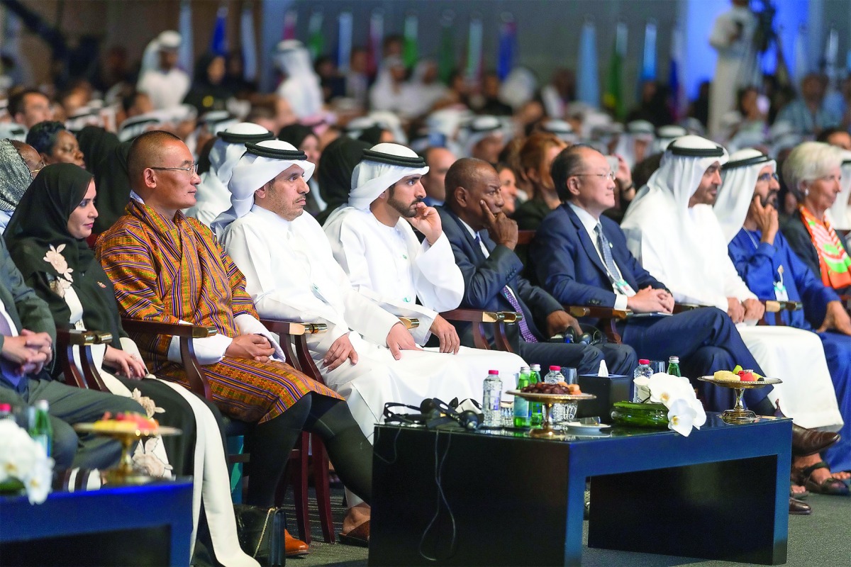 Prime Minister and Interior Minister H E Sheikh Abdullah bin Nasser bin Khalifa Al Thani at the opening session of the World Government Summit (WGS 2017) in Dubai yesterday. Prime Minister of the United Arab Emirates and Ruler of Dubai H H Sheikh Mohammed
