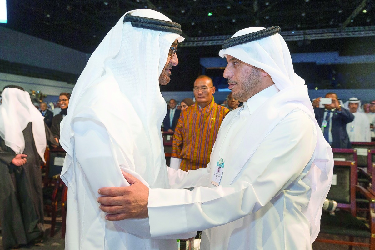 Prime Minister and Interior Minister H E Sheikh Abdullah bin Nasser bin Khalifa Al Thani with H H Sheikh Mohammed bin Zayed Al Nahyan, Crown Prince of Abu Dhabi and Deputy Supreme Commander of the UAE Armed Forces, in Dubai yesterday during the Opening Se