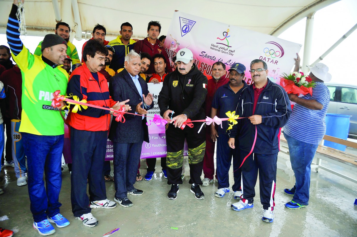 The QCA Board President, Yousef Jeham Al Kuwari inaugurating a cricket tournament organised to celebrate Qatar's National Sport Day on Tuesday. QCA Operations Manager, Manzoor Ahmad and other officials were also present. 