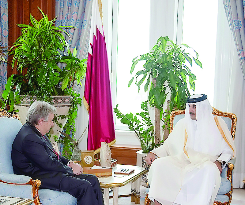 Emir H H Sheikh Tamim bin Hamad Al Thani met yesterday with Secretary-General of the United Nations, Antonio Guterres, and his accompanying delegation on the occasion of their visit to Qatar. Talks covered ties between Qatar and the United Nations, as wel