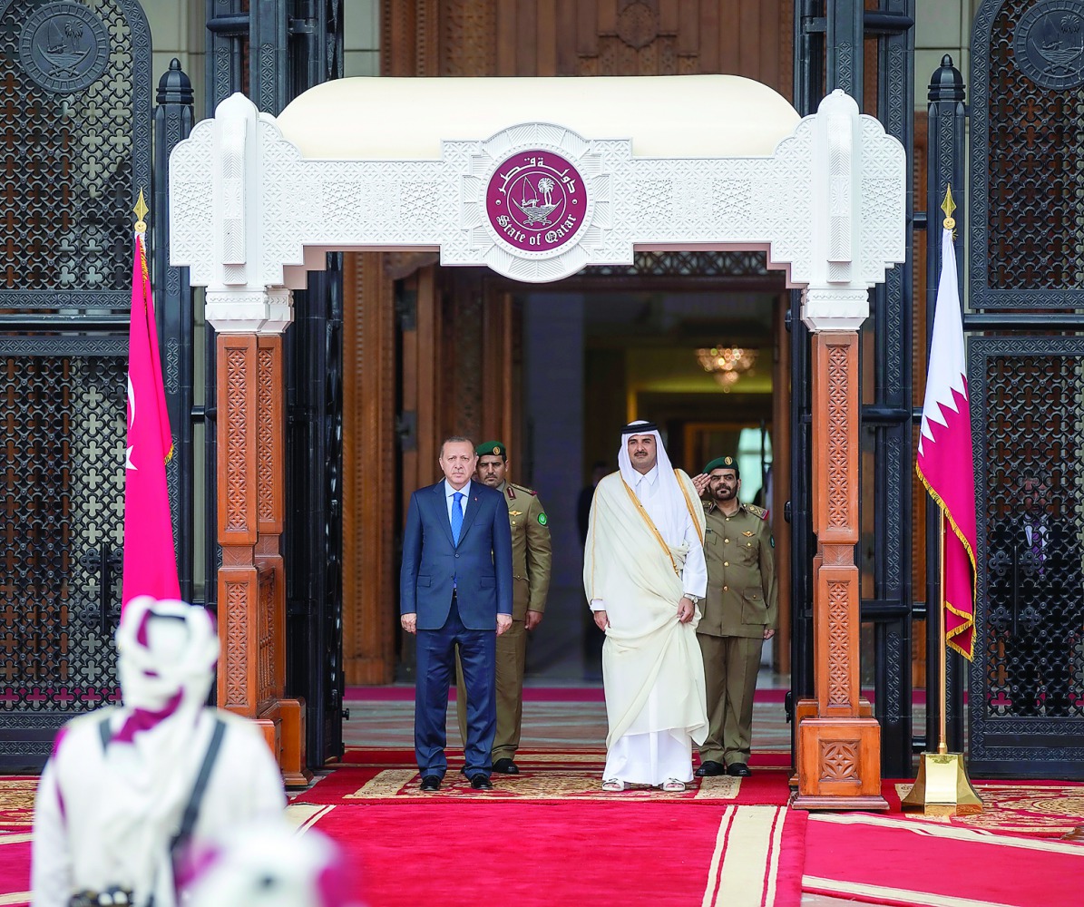 Emir H H Sheikh Tamim bin Hamad Al Thani with Turkish President Recep Tayyip Erdogan yesterday