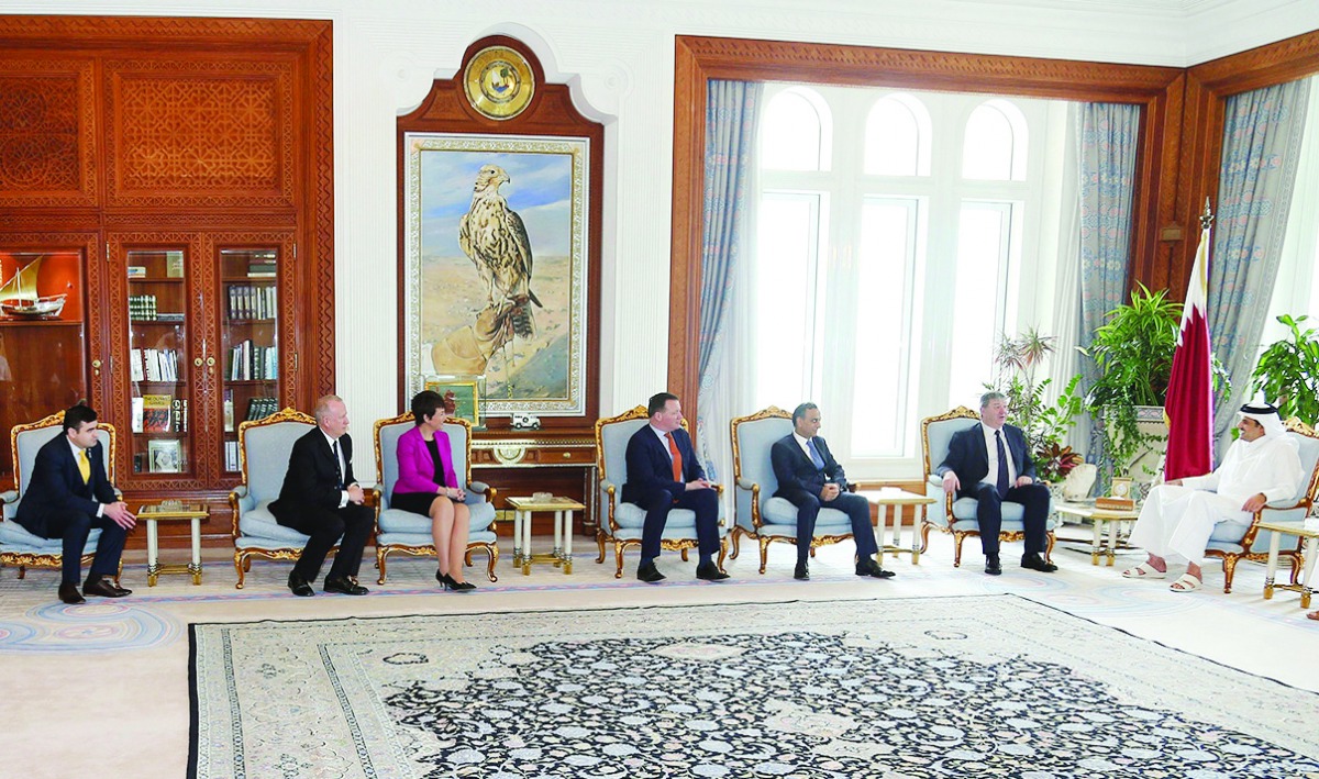 Emir H H Sheikh Tamim bin Hamad Al Thani met a delegation from the British Parliament, who called on the Emir to greet him on the occasion of their visit to Qatar, at Emiri Diwan yesterday. Emir reviewed relations of cooperation between Qatar and Britain 