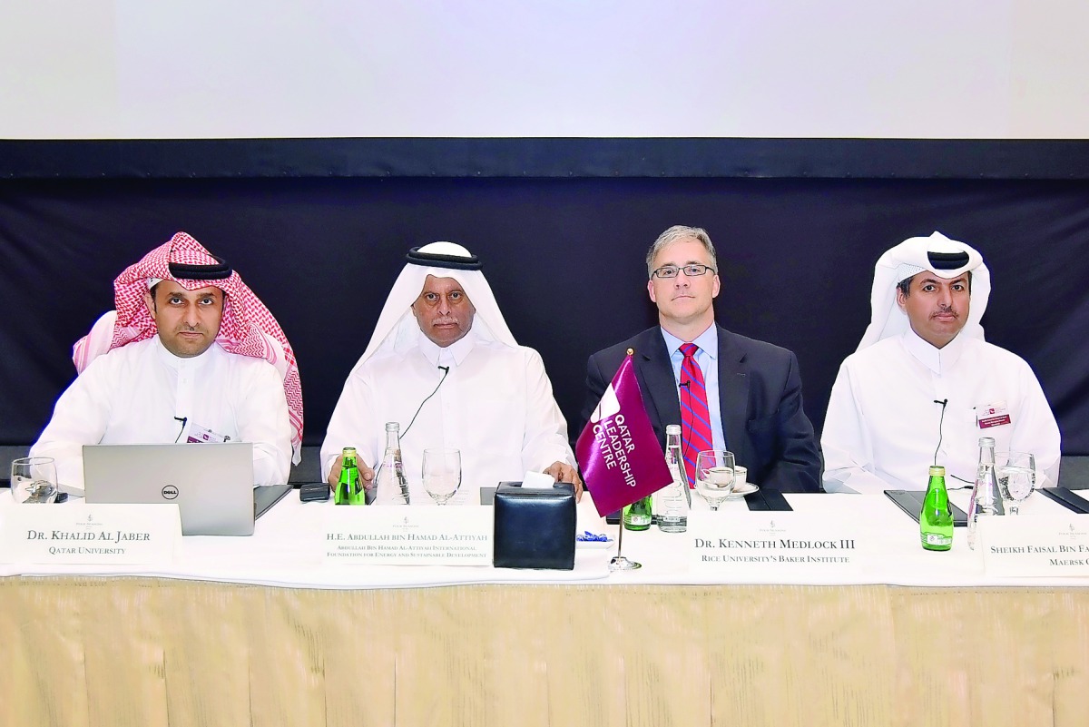 Abdullah bin Hamad Al Attiyah (second left), Chairman of Abdullah Bin Hamad Al Attiyah International Foundation for Energy & Sustainable Development; Sheikh Faisal bin Fahad Al Thani (right), Deputy Managing Director of Maersk Oil; Dr Khalid Al Jaber (lef