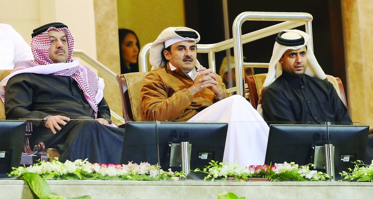 Emir H H Sheikh Tamim bin Hamad Al Thani attending the final of Qatar Total Open for women at Khalifa International Tennis and Squash Complex, last evening. 