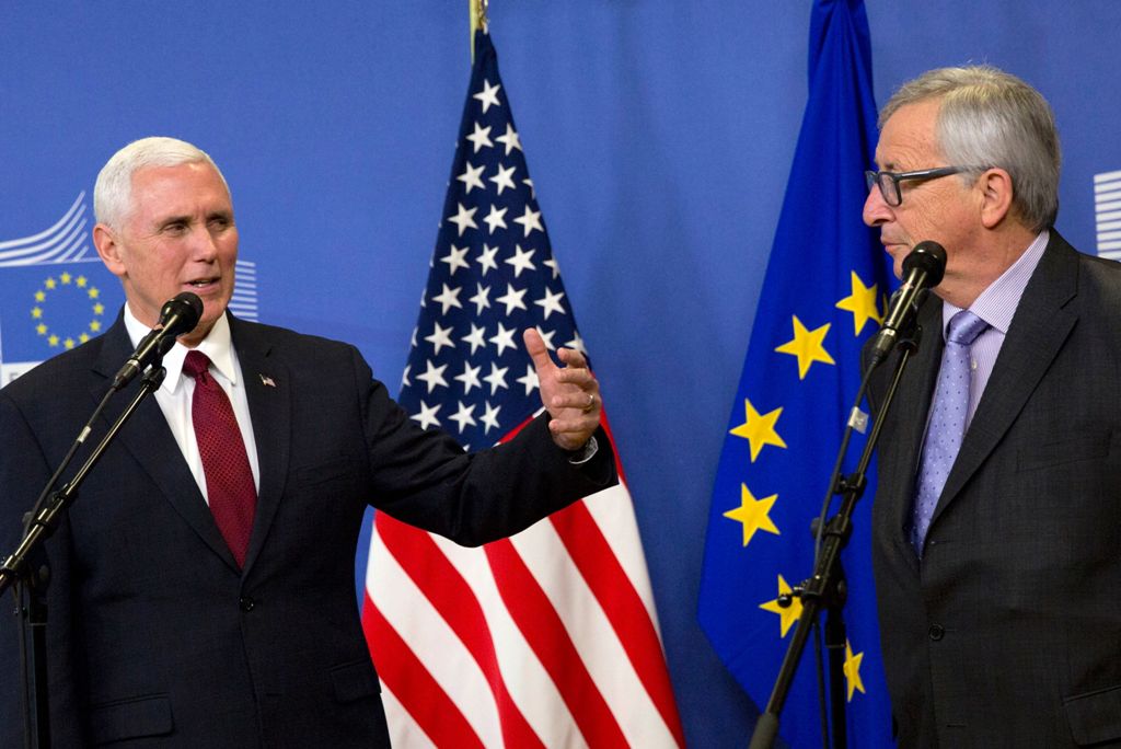 US Vice-President Mike Pence (L) speaks during a press conference with with European Commission President Jean-Claude Juncker at the European Commission in Brussels on February 20, 2017. AFP / POOL / Virginia Mayo
