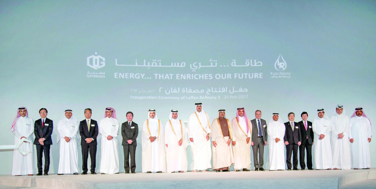 Emir H H Sheikh Tamim bin Hamad Al Thani, Prime Minister and Interior Minister H E Sheikh Abdullah bin Nasser bin Khalifa Al Thani, Their Excellencies the ministers, sheikhs and ambassadors at the inauguration of the Laffan Refinery 2 at Qatar National Co