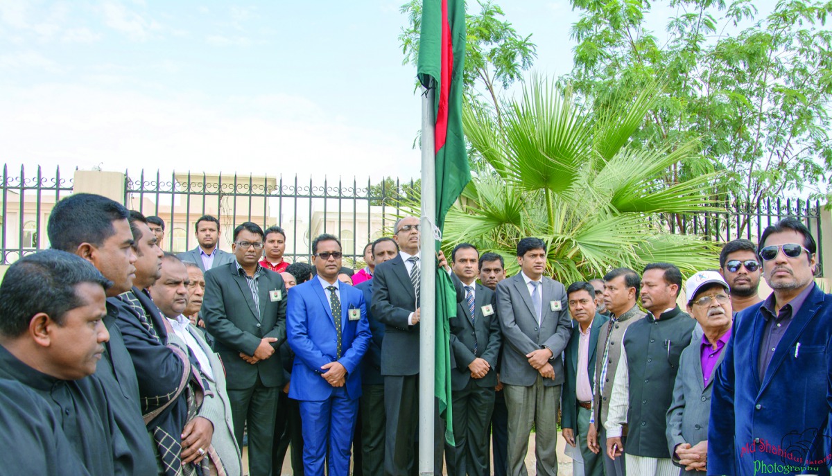 The Ambassador of Bangladesh to Qatar Ashud Ahmed hoisting the national flag of Bangladesh at half mast on the occasion of the National Martyrs’ Day and the International Mother Language Day 2017 at the Embassy premises.