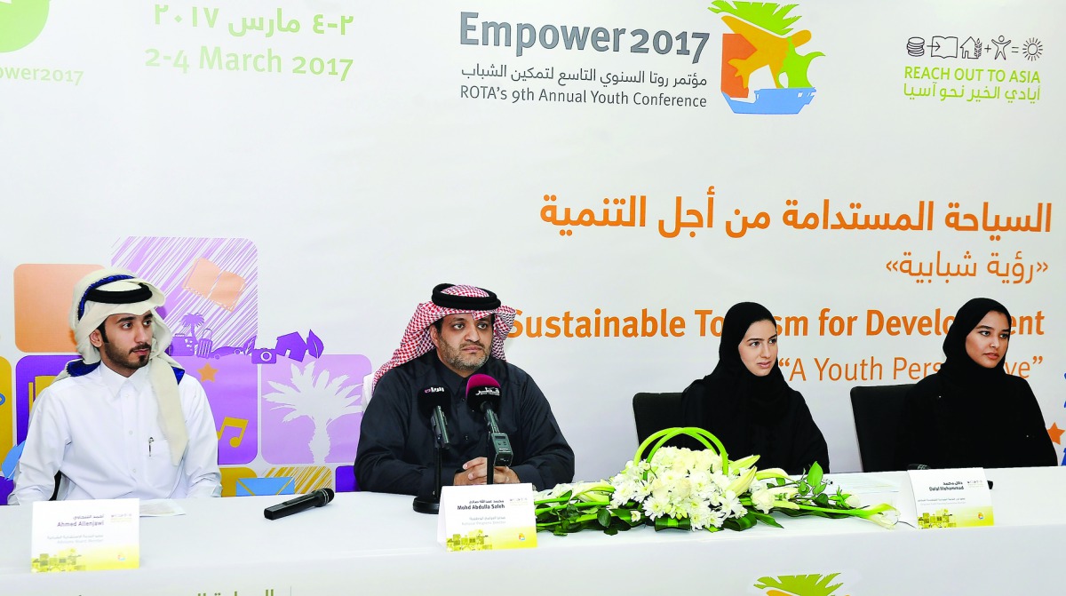 FROM LEFT: Ahmed Allenjawi, Advisory Board Member, Mohammed Abdulla Saleh, National Programs Director at ROTA, Dalal Mohammad, Empower Youth Planning Committee Member, and Rehab Al Naemi, Advisory Board Member, at the press conference yesterday. Pic: Kamm