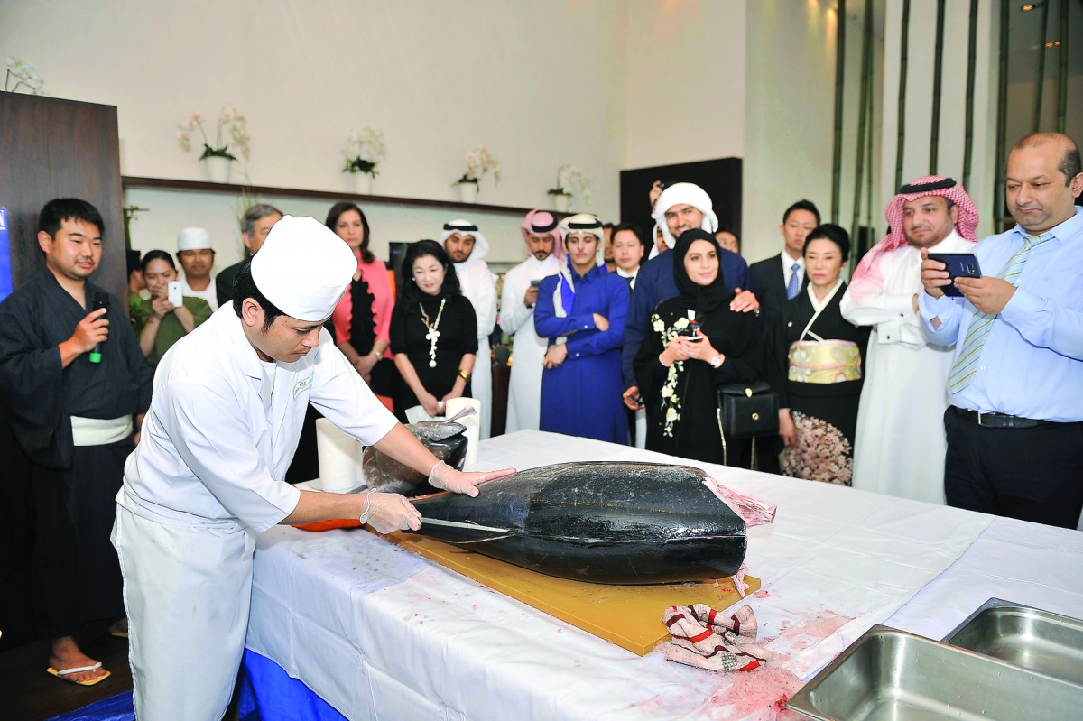 Tuna cutting show, one of the highlights of Japan Culture Week, held at Junko Sushi and Japanese Dining Restaurant at The Pearl-Qatar yesterday. The event, attended by Japanese Ambassador Seiichi Otsuka, diplomats, Qatari officials and other guests featur