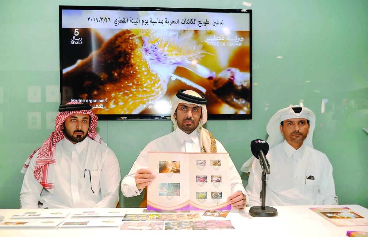FROM LEFT: Ali Ebrahem Sayyar, Head of Public Relations of Q-Post; Mohammed Jabr Al Naemi, Deputy Chief Financial Officer, and Mohammad Saeed Al Mohannadi, Director of Fish Wealth at the Department of Ministry of Municipality and Environment, at the launc