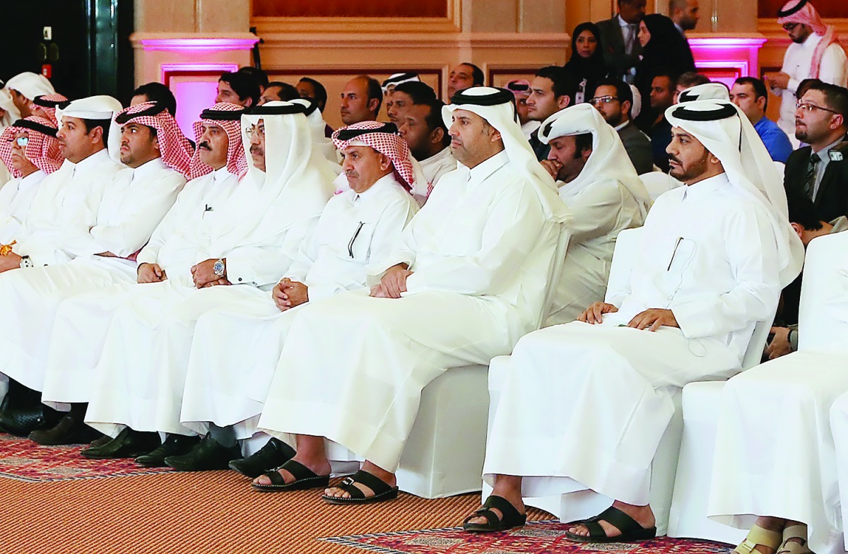 The Minister of Economy and Commerce H E Sheikh Ahmed bin Jassim Al Thani (second from right) attending an event to allot plots of land to private companies, yesterday.