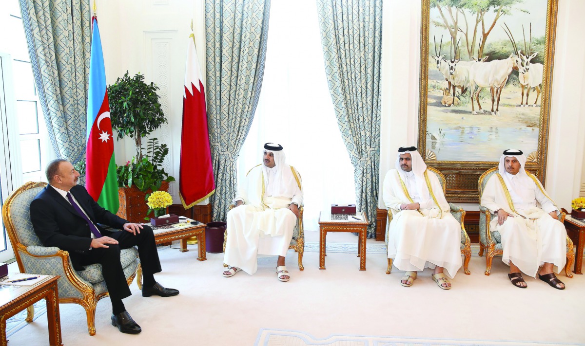Emir H H Sheikh Tamim bin Hamad Al Thani and President of Azerbaijan, Ilham Aliyev, during talks at the Emiri Diwan, yesterday. Deputy Emir H H Sheikh Abdullah bin Hamad Al Thani and Prime Minister and Interior Minister H E Sheikh Abdullah bin Nasser bin 