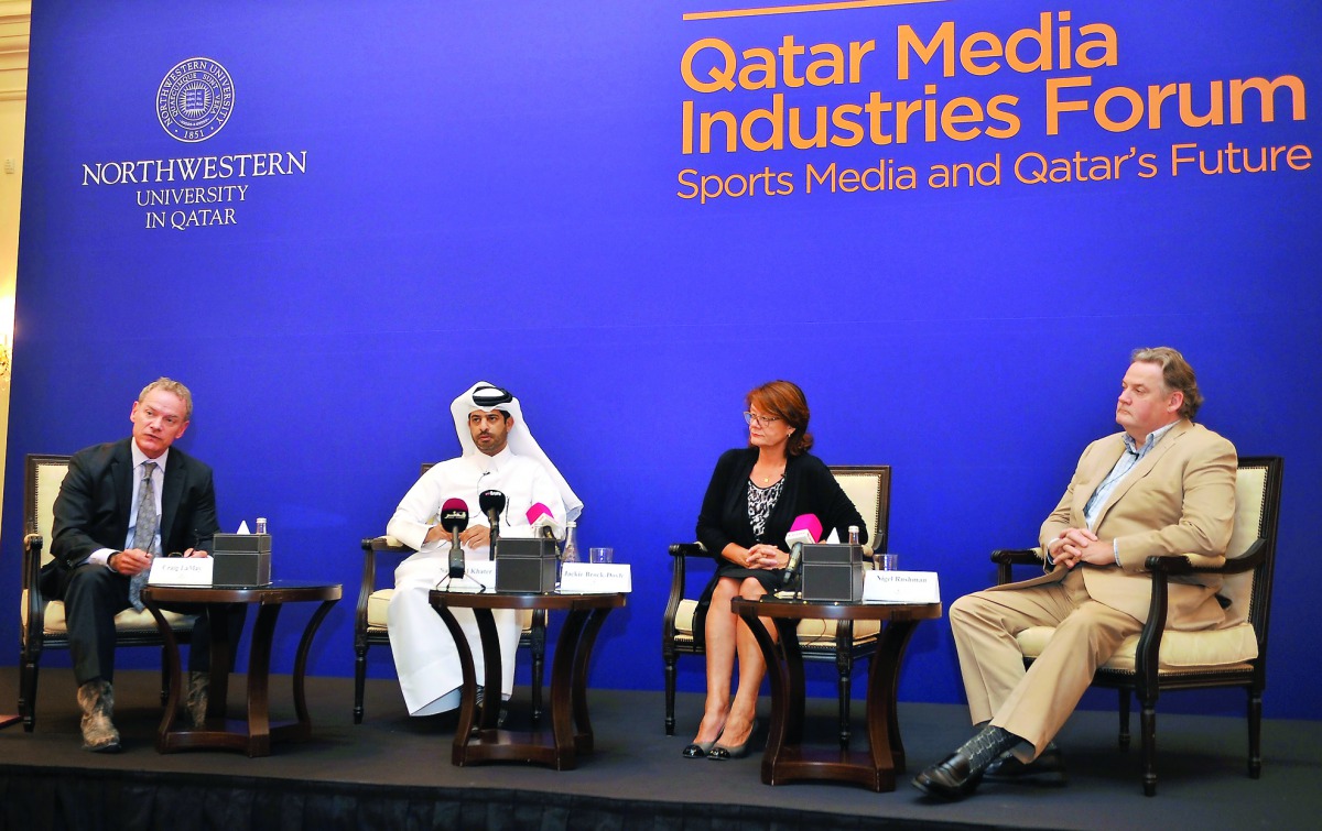 Nasser Al Khater (second left), Assistant Secretary General, Tournament affairs, Supreme Committee for Delivery and Legacy, and other officials at the Qatar Media Industries Forum “Sports Media and Qatar”s Future