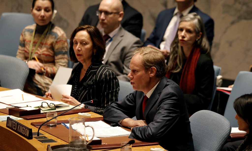  British ambassador to the UN Matthew Rycroft speaks in support of the resolution. Photograph: Mike Segar/Reuters.