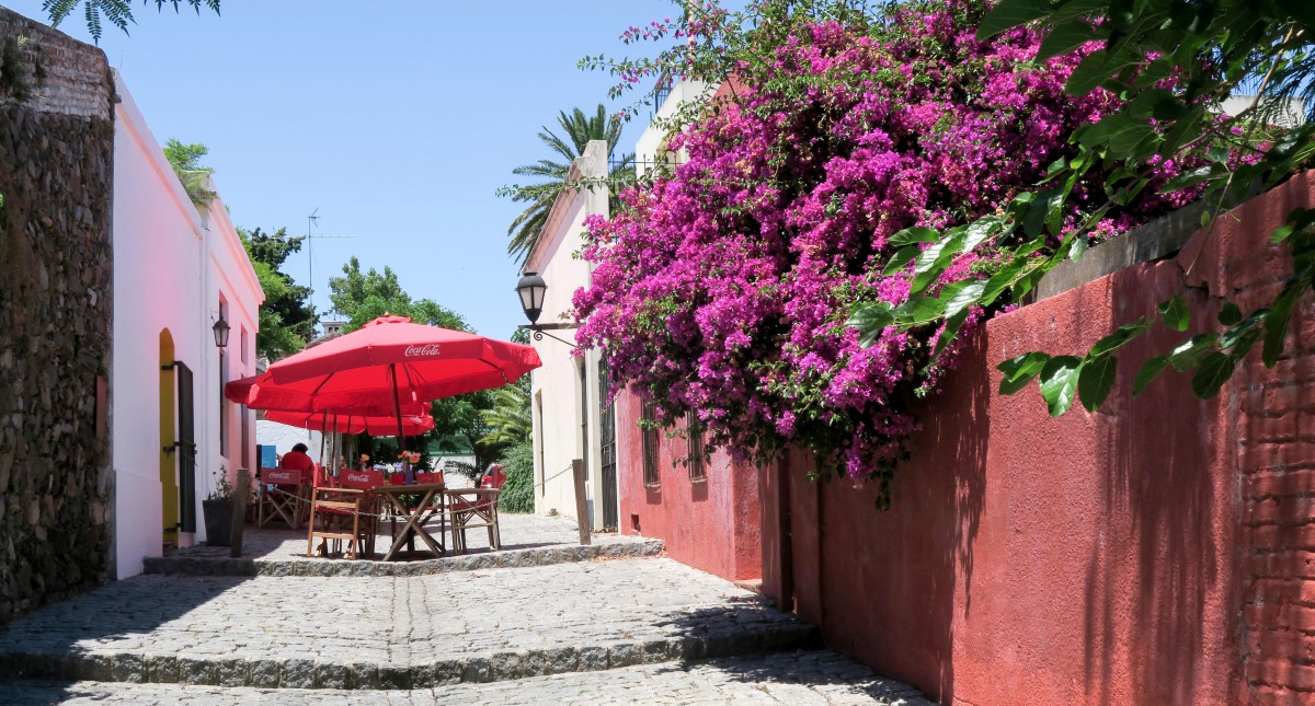 A shady umbrella on a sunny alleyway in Colonia, Uruguay, a UNESCO World Heritage site across the River Platte from Buenos Aires. Photo by Dina Mishev for The Washington Post.