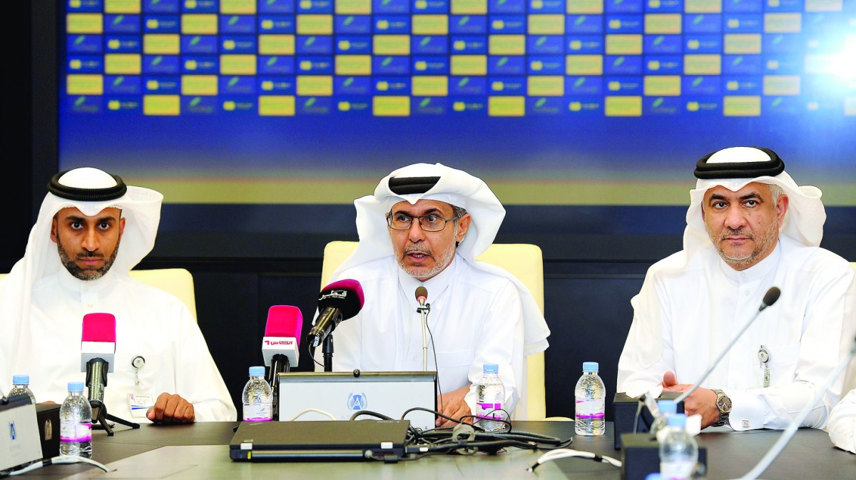 Officials of Aspire Academy from left, Salah Al Yafi, Leadership Training Officer; Ali Salem Afifa, Deputy Director General; and Badr Jassim Al Hay, Director of Education and Student Care; addressing the media at the Aspire premises in Doha on Sunday. Pic