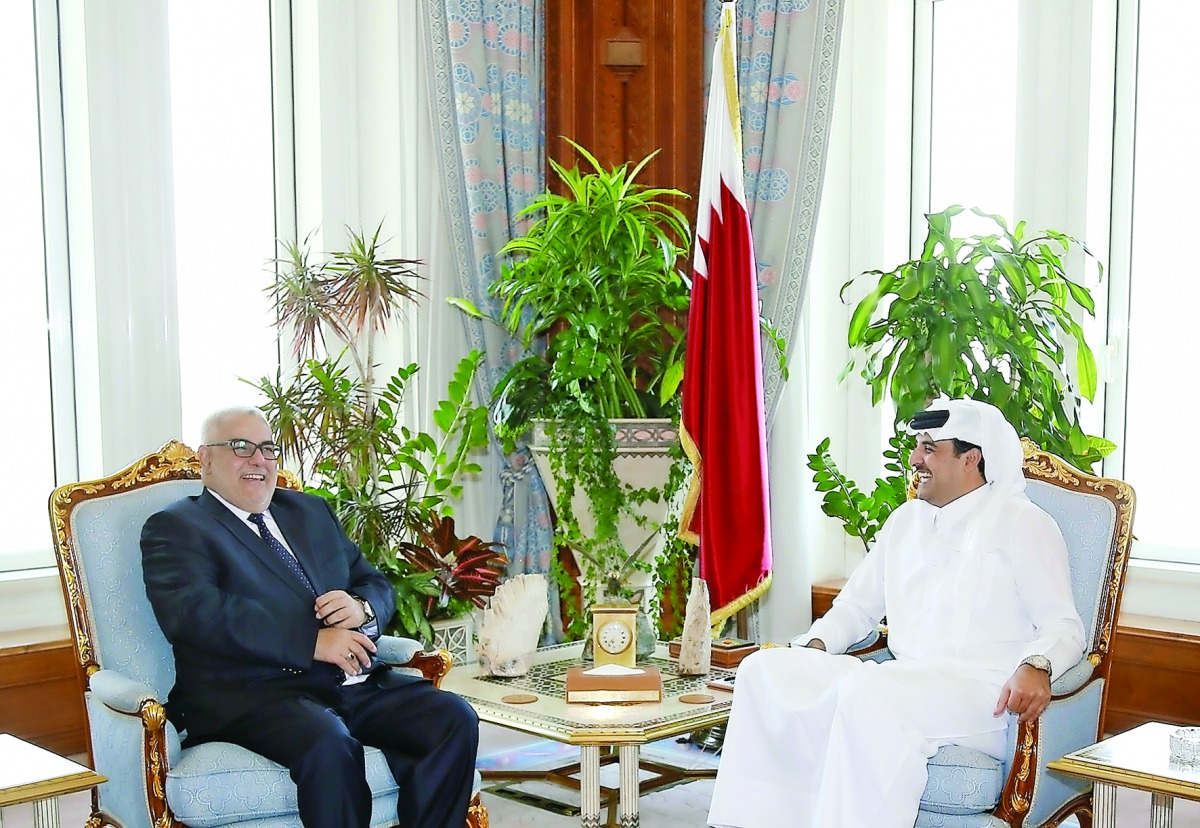 Emir H H Sheikh Tamim bin Hamad Al Thani with Prime Minister of Morocco, Abdelillah Benkirane, currently in the country to attend Qatar Information Technology and Communication Conference and Exhibition, yesterday. Talks dealt with bilateral relations.