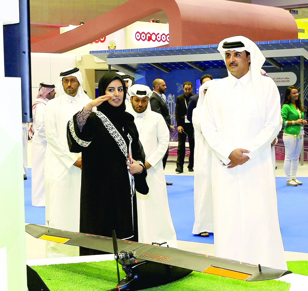 Emir H H Sheikh Tamim bin Hamad Al Thani visiting QITCOM 2017 at QNCC yesterday. 